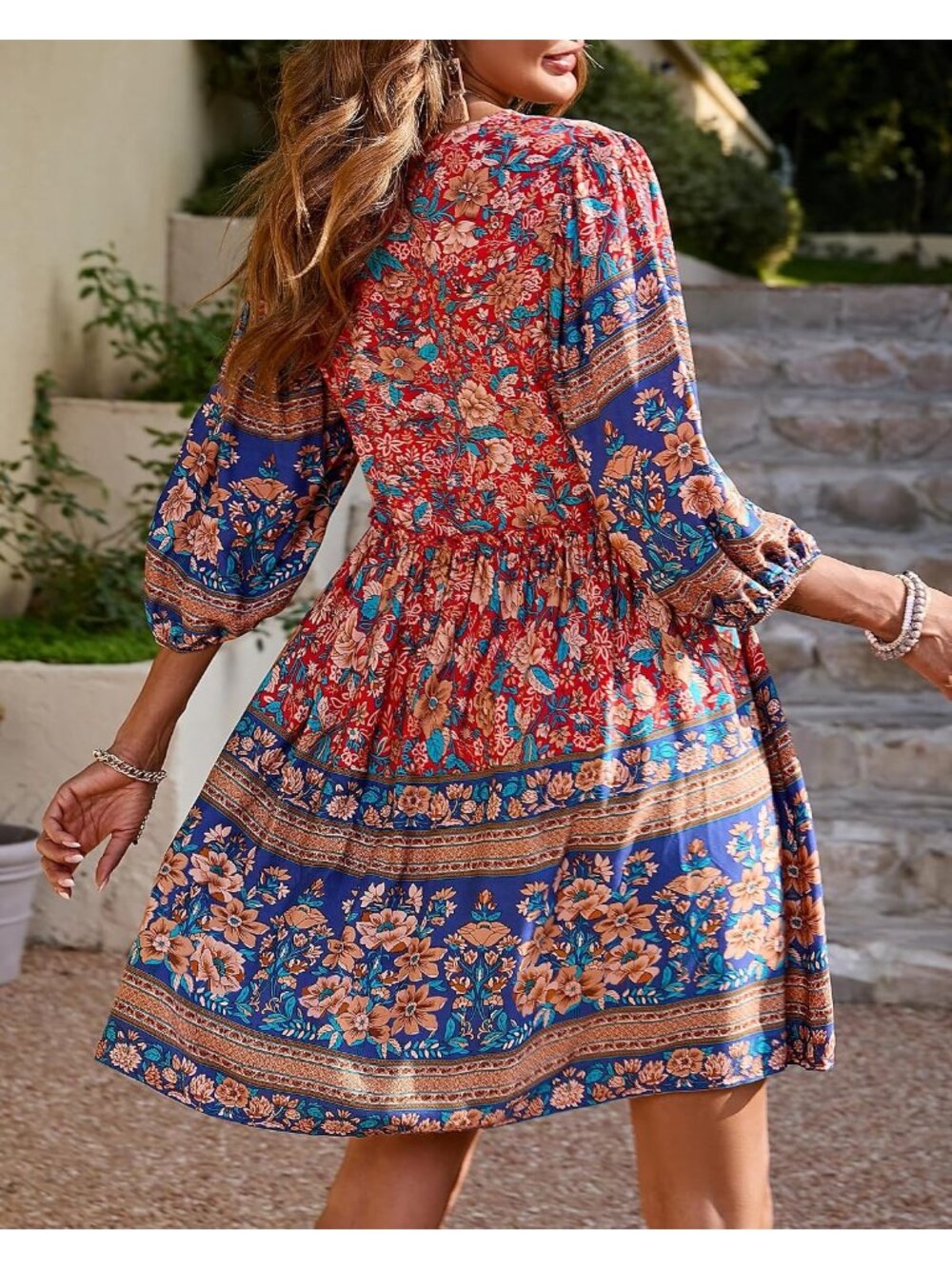 Women Red Pull On Long Sleeve Floral Flowy Boho Babydoll Mini Short Dress - Picture 2 of 6